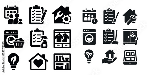 Household chores solid icons set – cleaning, maintenance, daily tasks symbols