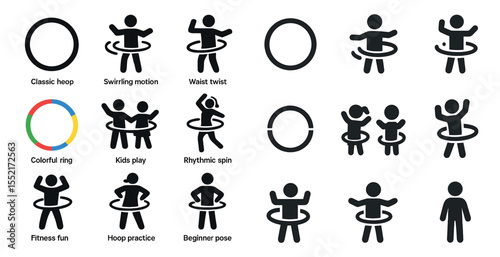 Hula hoop solid icons set – silhouette, playful, fitness activities symbols