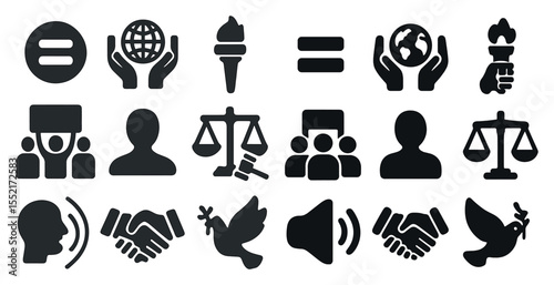 Social justice silhouette icons set – equality, peace, activism symbols