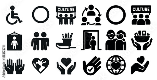 Diversity and inclusion solid icons set – silhouette, filled, community symbols