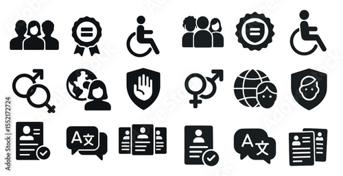 Inclusion and diversity icons set – solid, filled, accessibility and equality symbols