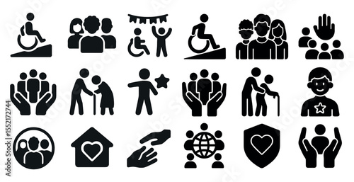 Community and care solid icons set – silhouette, filled, social and support symbols