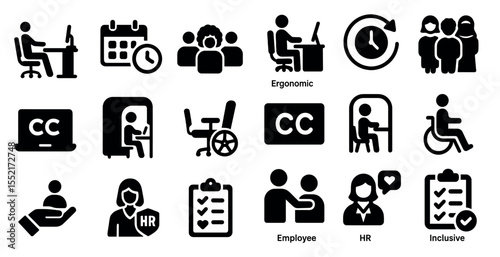 Office and business solid icons set – filled, ergonomic, hr and employee graphics