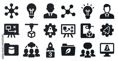 Business and technology solid icons set – professional, filled, and digital symbols