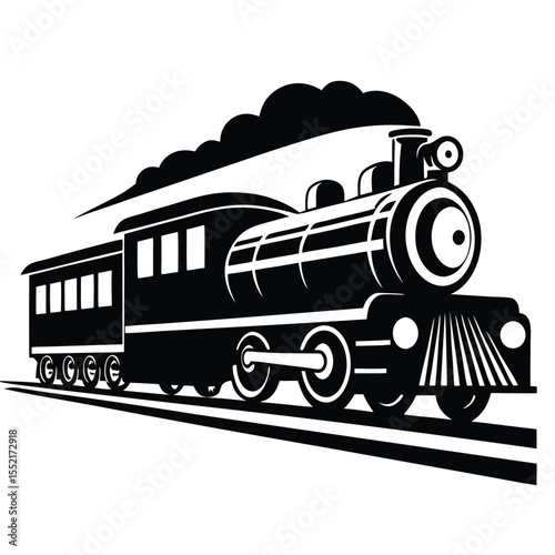 Black and White Steam Train Locomotive with Smoke on Railroad Tracks Illustration