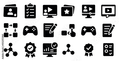 Video editing solid icons set - film, media and production tools collection