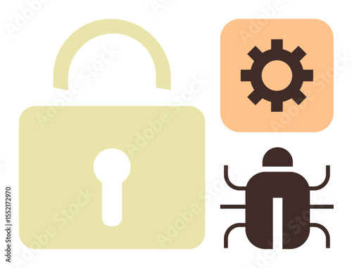 Lock, gear, and bug icons display key ideas in cybersecurity data protection, system setup, and vulnerabilities. Ideal for security, threat detection, software, IT digital safety risk simple flat