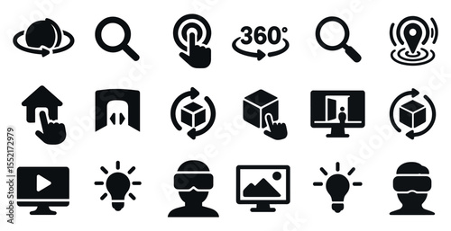 Virtual reality solid icons set – filled, tech, augmented reality symbols