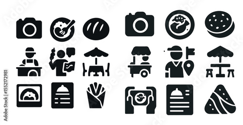 Culinary and restaurant solid icons set – filled, food, dining and chef symbols