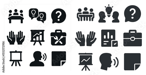 Business and communication solid icons set – flat, filled, corporate and meeting symbols