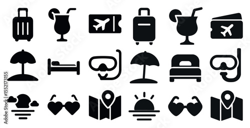 Travel and tourism icons set in solid style – vacation, trip, planning symbols
