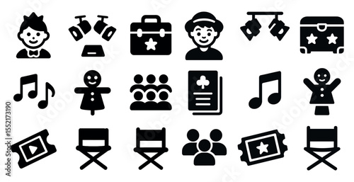 Entertainment and leisure silhouette icons set – solid, filled, fun and recreation symbols