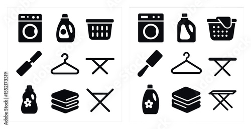 Laundry and cleaning solid icons set – silhouette, household, washing symbols
