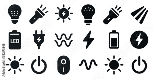Energy and power solid icons set – silhouette, filled, electricity graphics