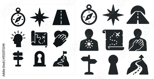 Travel and navigation solid icons set – directional, map, path symbols