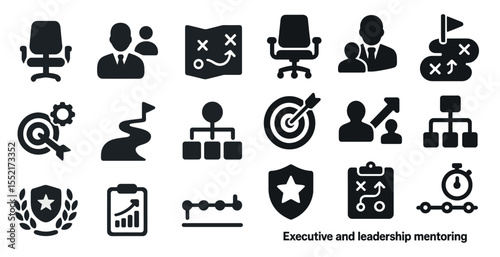 Business strategy silhouette icons set – corporate, leadership, management symbols