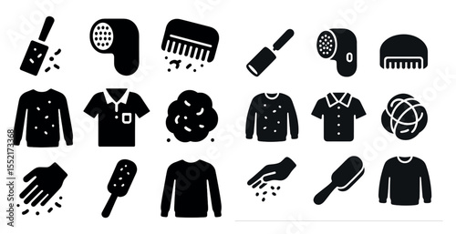 Cleaning and lint brushing solid icons set – hygiene, tidy, household cleaning symbols