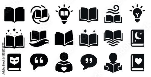 Book and reading solid icons set – filled, literary, education symbols