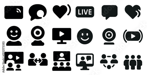 Communication solid icons set – chat, messaging, social media symbols