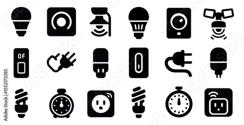 Electric solid icons set – power, energy symbols for technology and gadgets