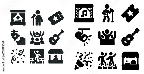 Concert and music solid icons set – silhouette, event, performance symbols