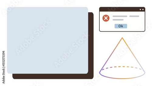 Error message popup with an Ok button, layered rectangles, and a gradient cone diagram. Ideal for concepts thumbs up warning, analysis, user interface, design, error caution decision-making. Simple