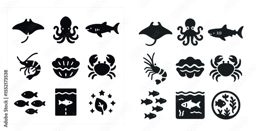 Fototapeta premium Marine life solid icons set – filled, aquatic, ocean creature symbols