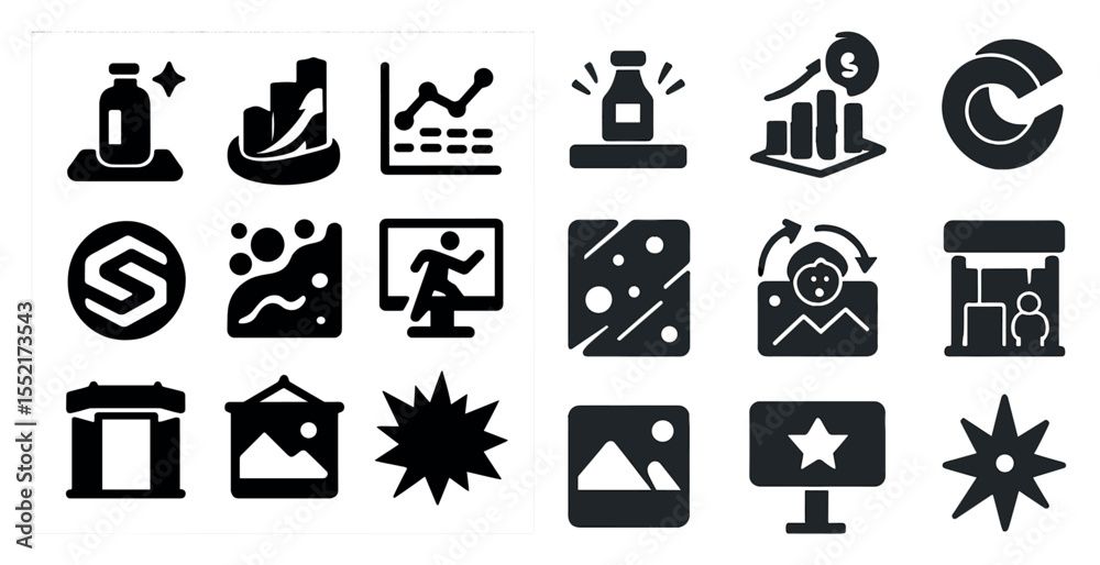 Naklejka premium Business and analytics solid icons set – data, chart, and growth symbols