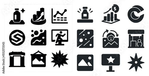 Business and analytics solid icons set – data, chart, and growth symbols