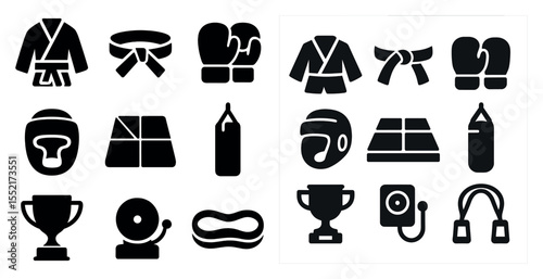 Martial arts and boxing icons set – solid, silhouette, karate and fighting symbols