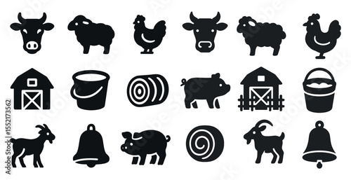 Farm animals solid icons set – silhouette, barnyard, livestock symbols