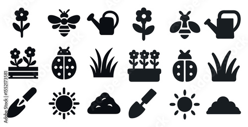 Gardening solid icons set – flat, filled, plant and nature symbols