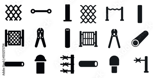 Security fence silhouette icons set – outline, barrier, protection symbols
