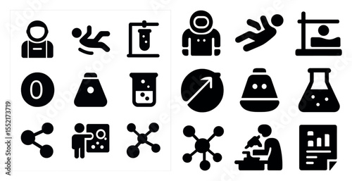 Science and technology solid icons set – lab equipment, research, chemistry symbols