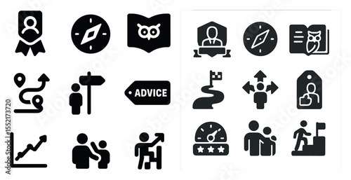 Business and leadership filled icons set – silhouette, flat, corporate symbols