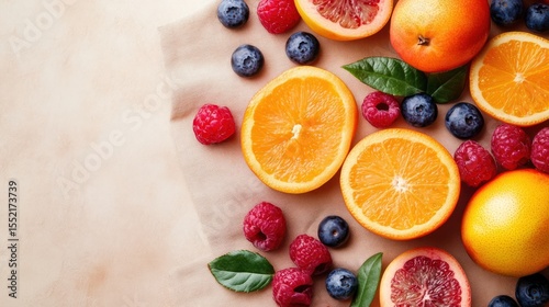 Colorful assortment of citrus fruits and berries on a light beige surface.