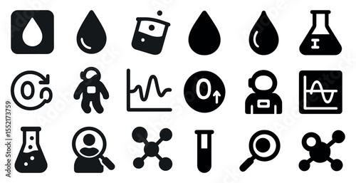 Science and technology solid icons set – filled, lab equipment, data symbols