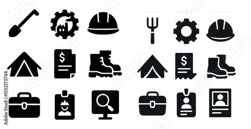 Construction and tools silhouette icons set – solid, gear, helmet and machinery symbols