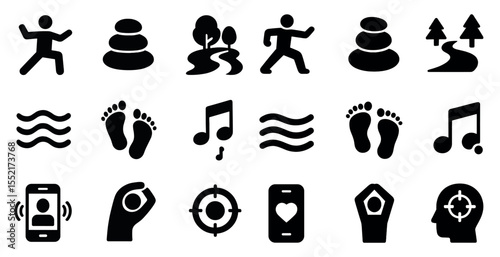 Wellness and relaxation solid icons set – silhouette, spa, meditation symbols
