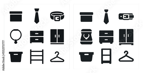 Fashion and accessories silhouette icons set – solid, filled, clothing essentials