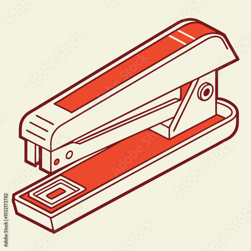 A Simple Red and Cream Colored Office Stapler in an Isometric Perspective Against a Beige Background
