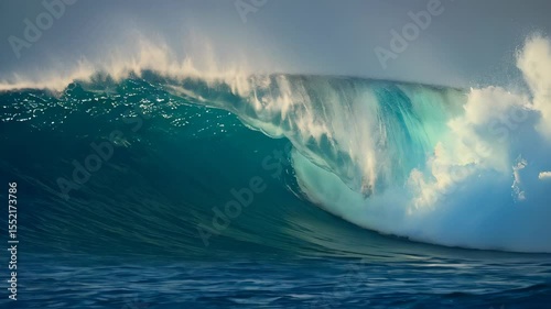 A majestic, turquoise blue wave, towering at an extraordinary height, rises majestically over the vast, deep blue ocean