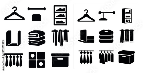 Wardrobe and storage icons set – solid, filled, clothing and organization symbols