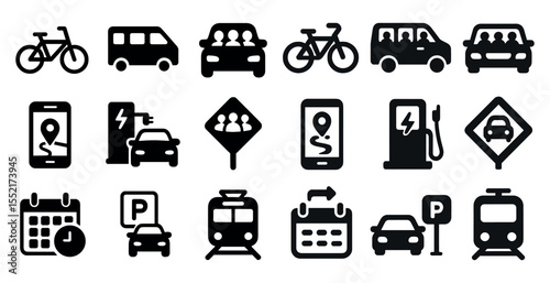 Transportation and navigation solid icons set – filled, travel, commuting symbols