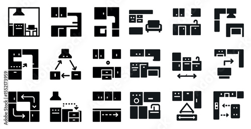 Home interior solid icons set – furniture, decor, kitchen and living room symbols