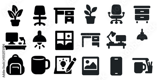 Home office furniture solid icons set – filled, workspace, decor symbols
