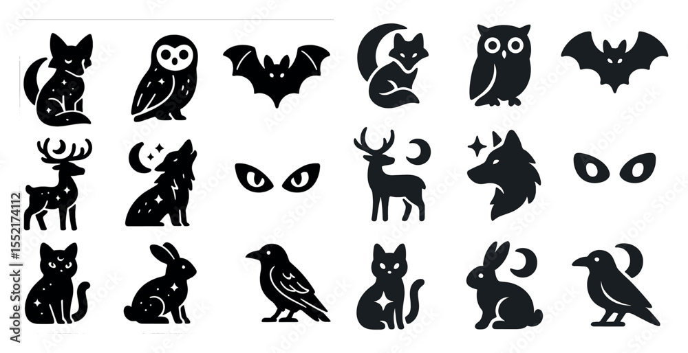 Fototapeta premium Halloween silhouette icons set – spooky, black, night creature symbols