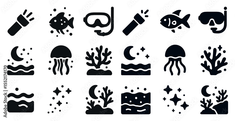 Fototapeta premium Underwater adventure icons set – solid, filled, marine and aquatic symbols