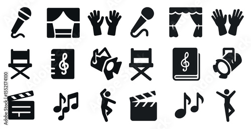 Music and arts solid icons set – filled, silhouette, performance symbols