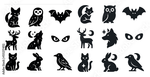 Halloween silhouette icons set – spooky, black, night creature symbols